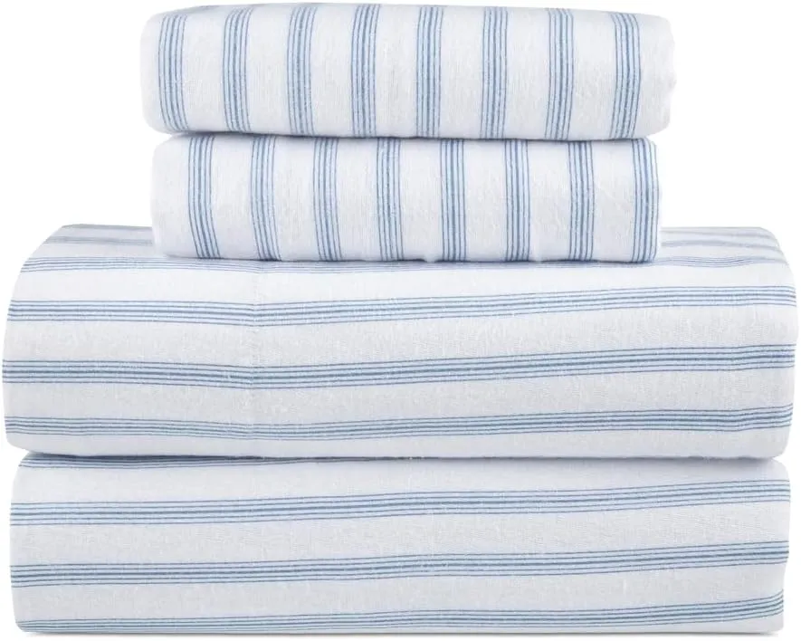Lodge & Linen Flannel Sheets Queen Size Rich Cotton -High GSM Flannel Bed Sheet Deep Pockets - Warm & Cozy Flannel Sheet Set for All Seasons (Blue Stripes)