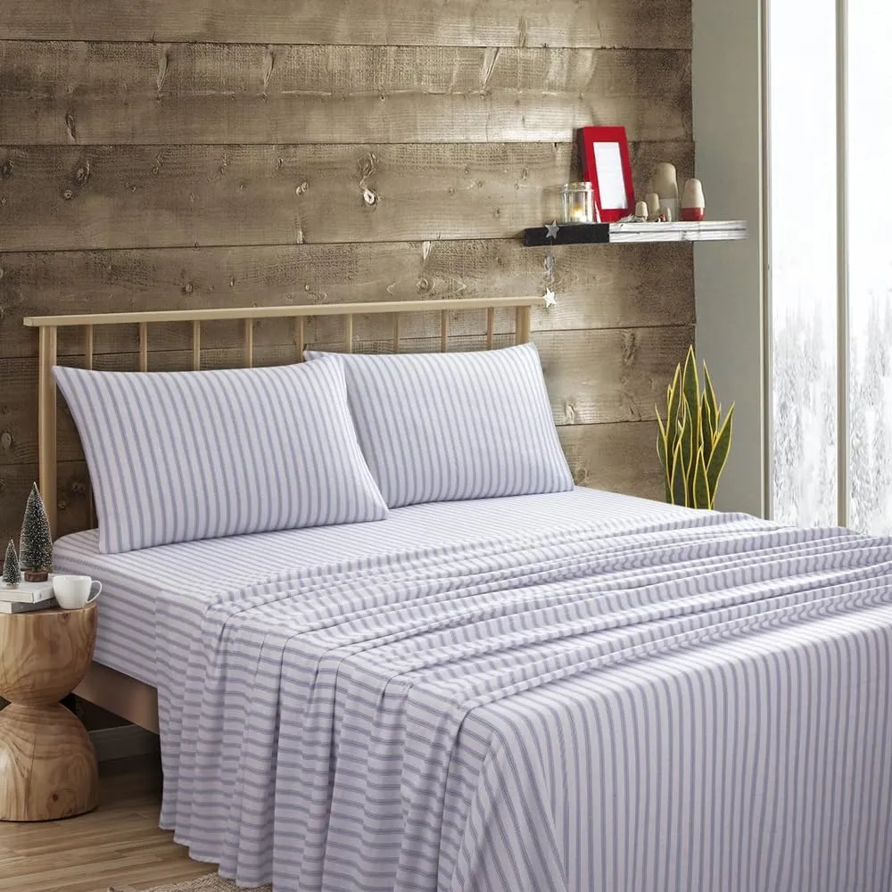 Lodge & Linen Flannel Sheets Queen Size Rich Cotton -High GSM Flannel Bed Sheet Deep Pockets - Warm & Cozy Flannel Sheet Set for All Seasons (Blue Stripes)