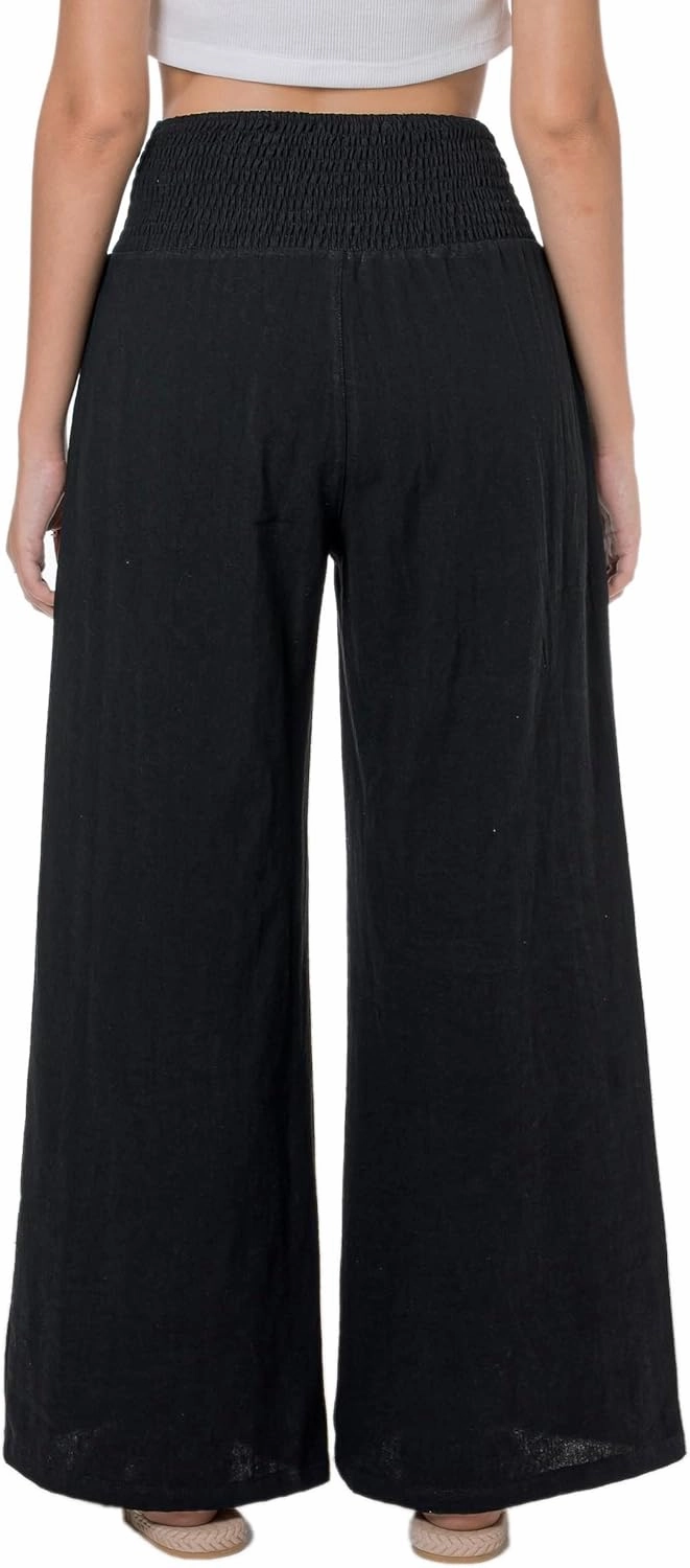 LOFBAZ Women Summer Flowy Cotton Linen Palazzo Wide Leg Pants Beach High Waisted Trousers Boho Long Lounge Pant with Pockets