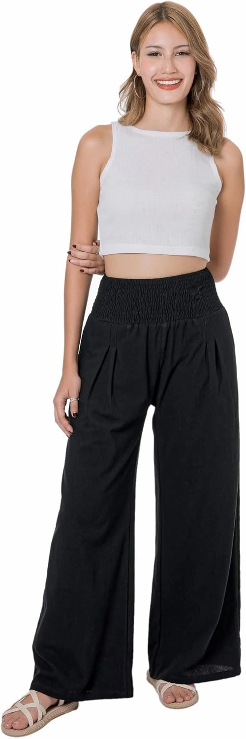 LOFBAZ Women Summer Flowy Cotton Linen Palazzo Wide Leg Pants Beach High Waisted Trousers Boho Long Lounge Pant with Pockets