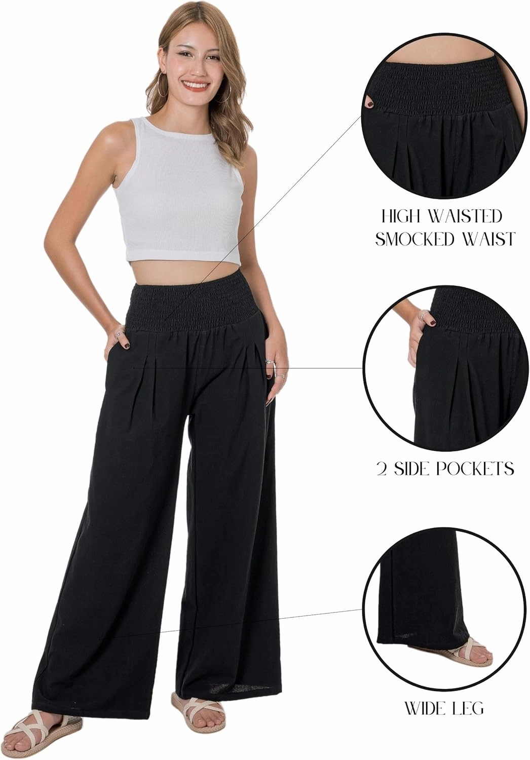 LOFBAZ Women Summer Flowy Cotton Linen Palazzo Wide Leg Pants Beach High Waisted Trousers Boho Long Lounge Pant with Pockets