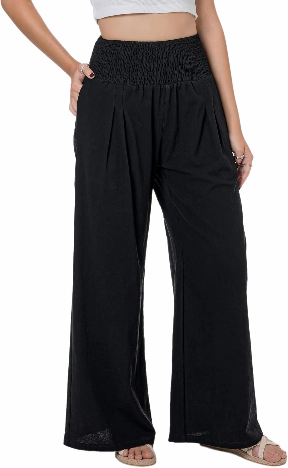 LOFBAZ Women Summer Flowy Cotton Linen Palazzo Wide Leg Pants Beach High Waisted Trousers Boho Long Lounge Pant with Pockets