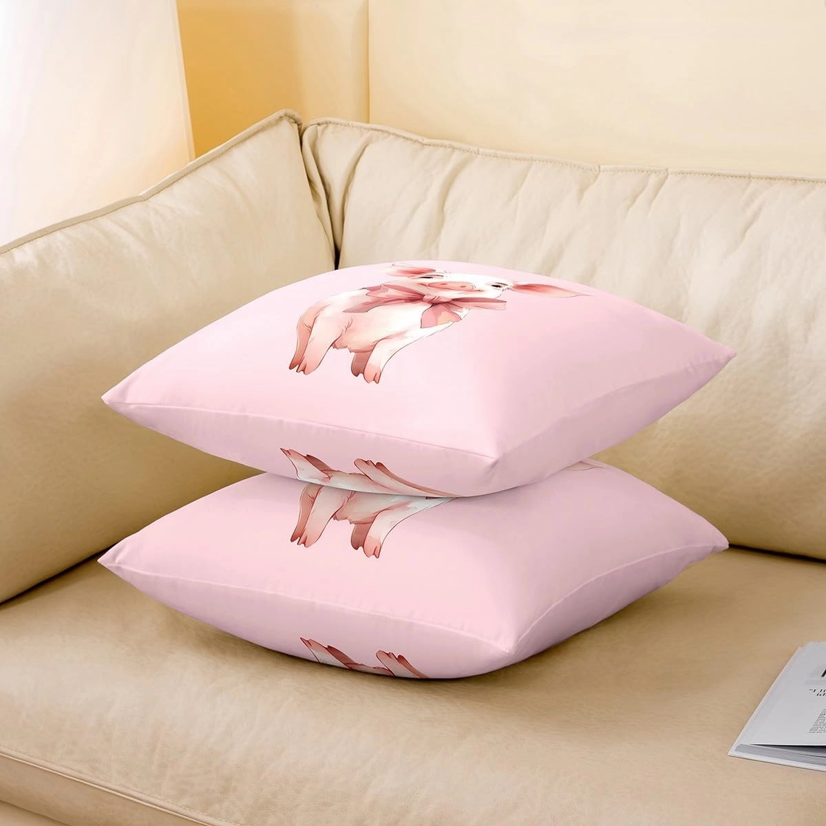 Lovely Pig Pillow Covers,Cartoon Farmhouse Pink Pig Cushion Covers 16"x16"Kawaii Bowknot Girs Women Square Cushion Cases Set for Bedroom Office,Cute Aniamls Themed Cushion Covers for Kids Adults