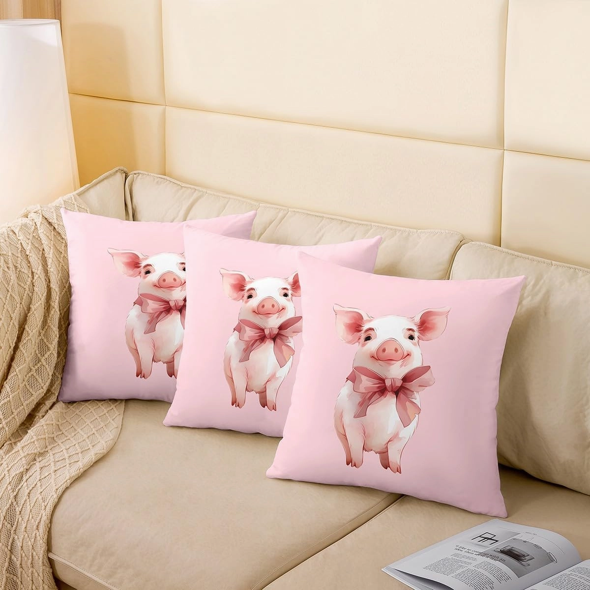 Lovely Pig Pillow Covers,Cartoon Farmhouse Pink Pig Cushion Covers 16"x16"Kawaii Bowknot Girs Women Square Cushion Cases Set for Bedroom Office,Cute Aniamls Themed Cushion Covers for Kids Adults