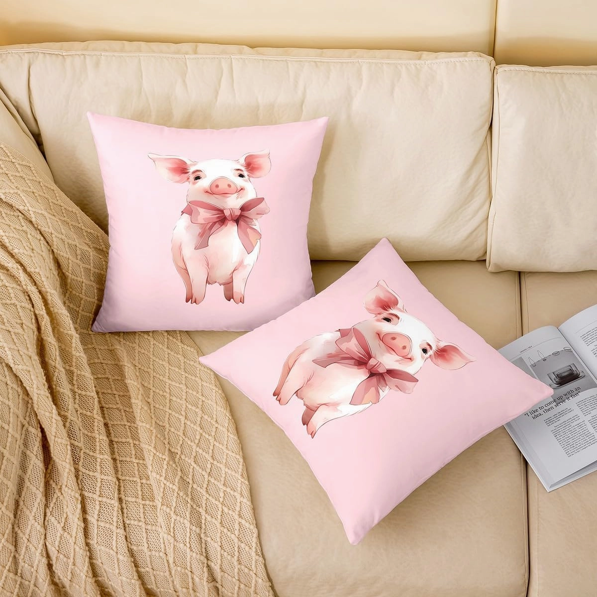Lovely Pig Pillow Covers,Cartoon Farmhouse Pink Pig Cushion Covers 16"x16"Kawaii Bowknot Girs Women Square Cushion Cases Set for Bedroom Office,Cute Aniamls Themed Cushion Covers for Kids Adults