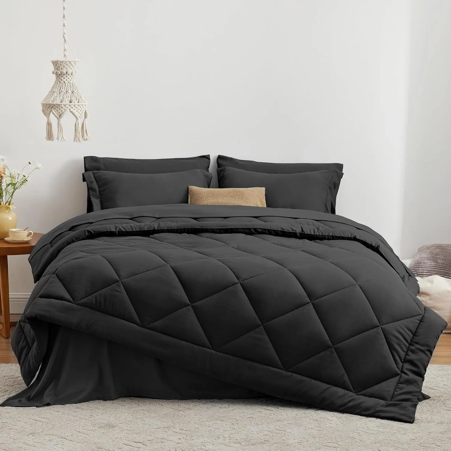 Love's cabin Twin Comforter Set Black, 5 Pieces Twin Bed in a Bag, All Season Twin Bedding Sets with 1 Comforter, 1 Flat Sheet, 1 Fitted Sheet, 1 Pillowcase and 1 Pillow Sham