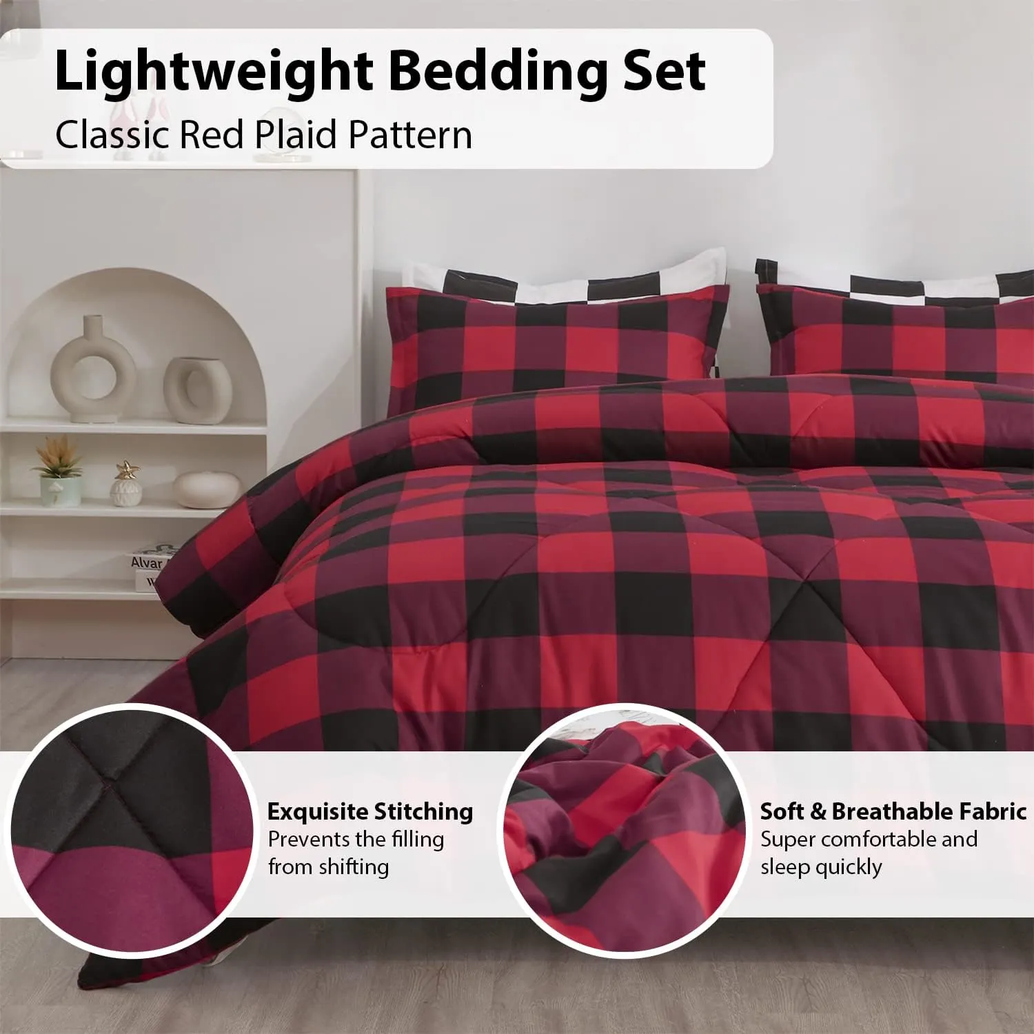 LUCKYBULL Comforter Set 2 Pieces Twin Bedding Set Fluffy Red Plaid Down Alternative Comforter, Buffalo Plaid Soft Textured Comforter with 1 Pillowcase All Seasons, Red and Black