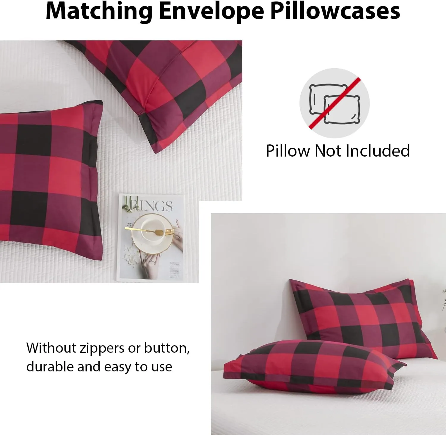 LUCKYBULL Comforter Set 2 Pieces Twin Bedding Set Fluffy Red Plaid Down Alternative Comforter, Buffalo Plaid Soft Textured Comforter with 1 Pillowcase All Seasons, Red and Black