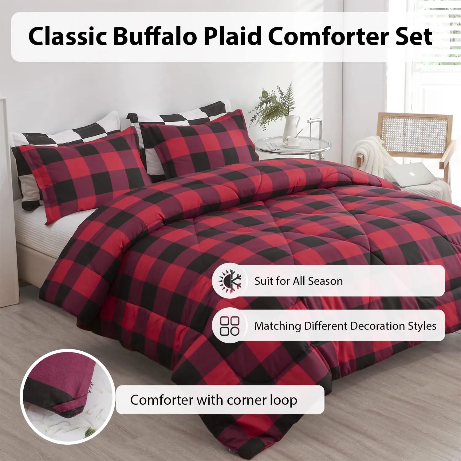 LUCKYBULL Comforter Set 2 Pieces Twin Bedding Set Fluffy Red Plaid Down Alternative Comforter, Buffalo Plaid Soft Textured Comforter with 1 Pillowcase All Seasons, Red and Black