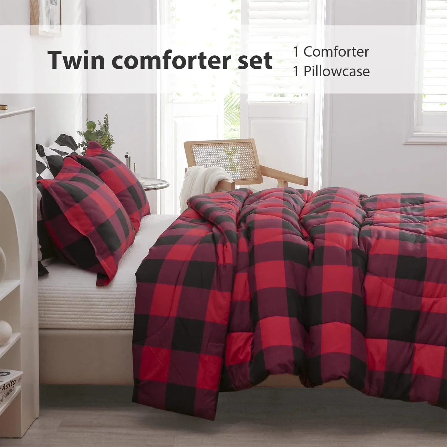 LUCKYBULL Comforter Set 2 Pieces Twin Bedding Set Fluffy Red Plaid Down Alternative Comforter, Buffalo Plaid Soft Textured Comforter with 1 Pillowcase All Seasons, Red and Black