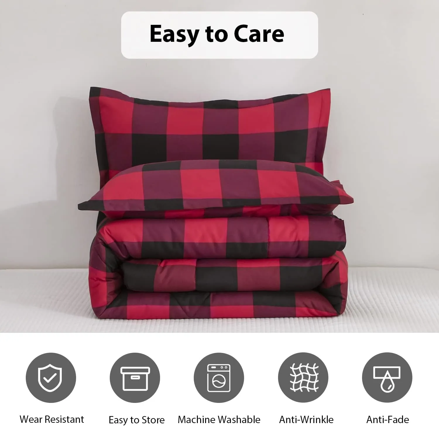 LUCKYBULL Comforter Set 2 Pieces Twin Bedding Set Fluffy Red Plaid Down Alternative Comforter, Buffalo Plaid Soft Textured Comforter with 1 Pillowcase All Seasons, Red and Black