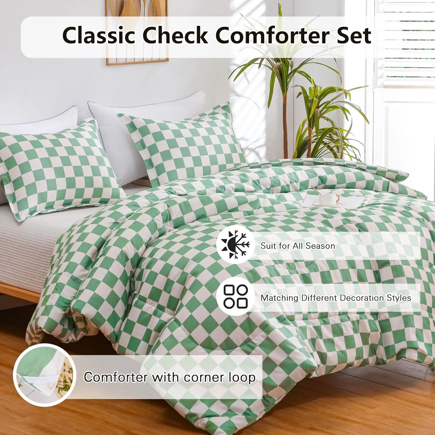 LUCKYBULL Comforter Set Twin Bedding Set Fluffy Sage Green Checkerboard Grid Down Alternative Comforter, Plaid Checkered Soft Textured Comforter with 1 Pillowcase All Seasons, Green Beige 2 Piece