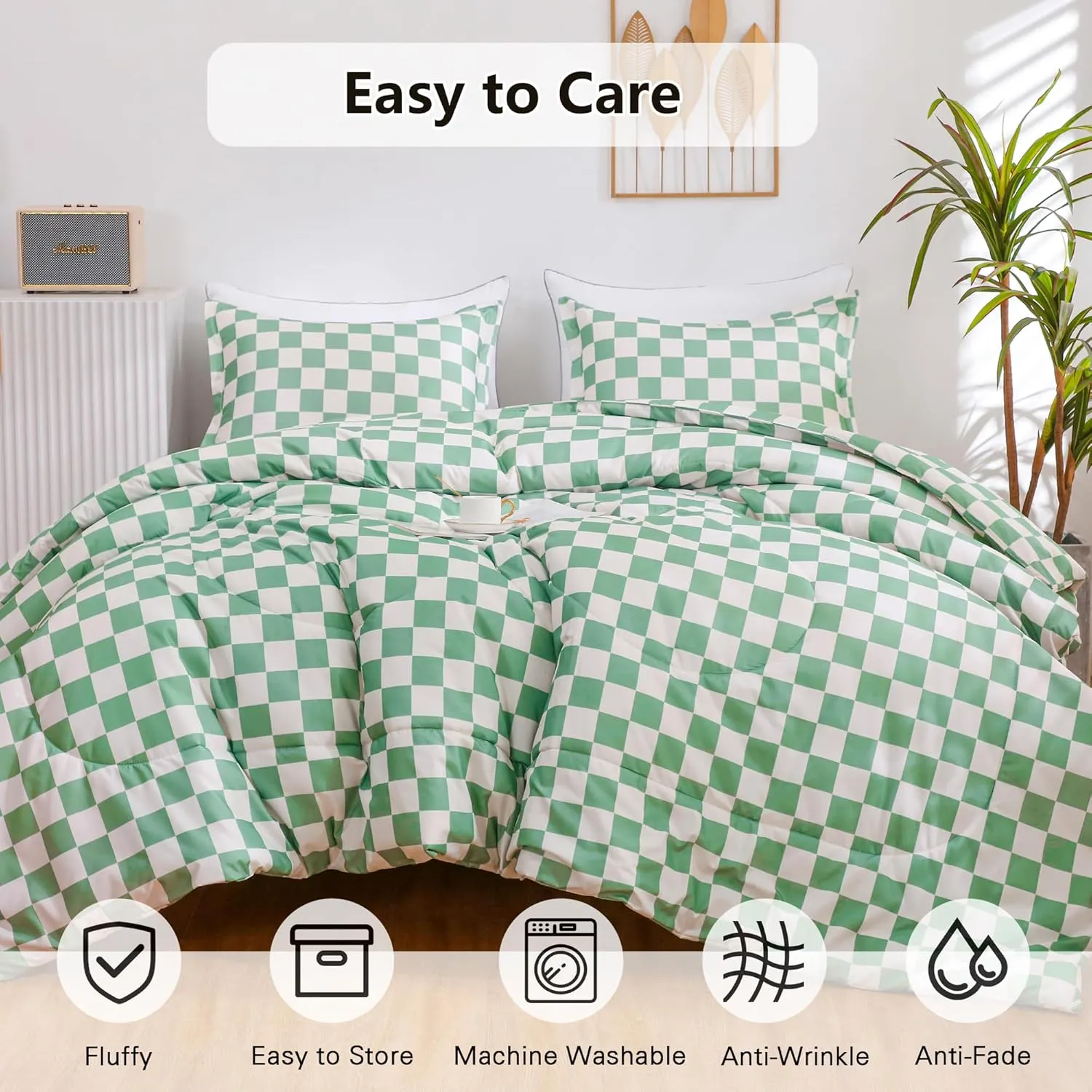 LUCKYBULL Comforter Set Twin Bedding Set Fluffy Sage Green Checkerboard Grid Down Alternative Comforter, Plaid Checkered Soft Textured Comforter with 1 Pillowcase All Seasons, Green Beige 2 Piece