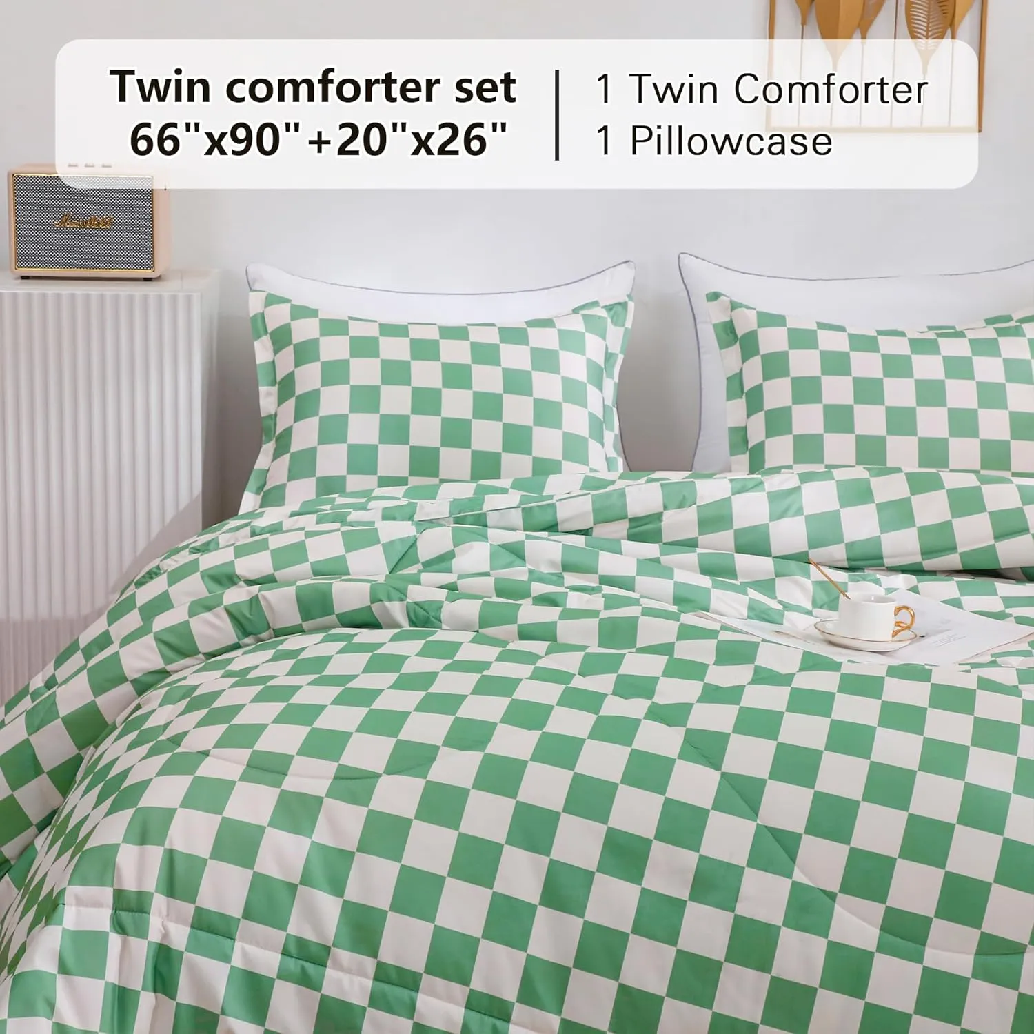 LUCKYBULL Comforter Set Twin Bedding Set Fluffy Sage Green Checkerboard Grid Down Alternative Comforter, Plaid Checkered Soft Textured Comforter with 1 Pillowcase All Seasons, Green Beige 2 Piece