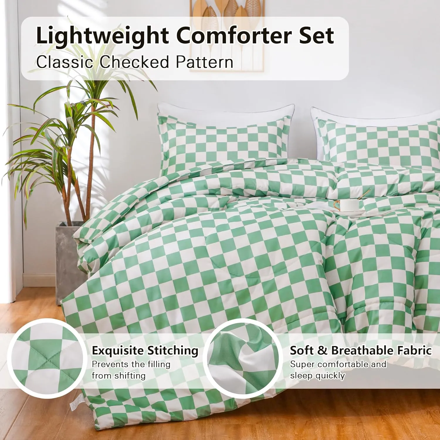 LUCKYBULL Comforter Set Twin Bedding Set Fluffy Sage Green Checkerboard Grid Down Alternative Comforter, Plaid Checkered Soft Textured Comforter with 1 Pillowcase All Seasons, Green Beige 2 Piece