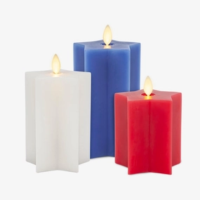 Luminara Americana Set of 3 Red, White & Blue Star-Shaped Flameless Candle Pillars - 3.2" x 4.3" / 5.5" / 6" Real Wax Moving Flame LED Candle