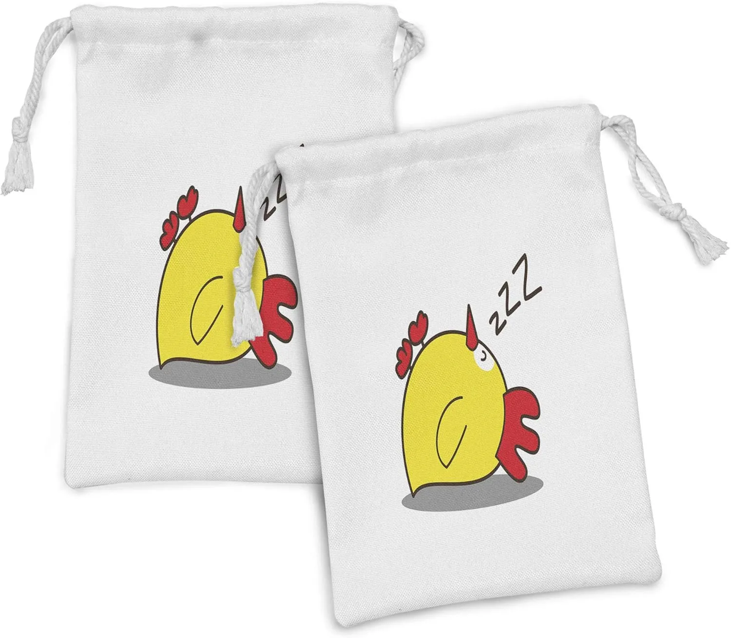 Lunarable Cartoon Fabric Pouch Set of 2, Little Chicken Fallen Asleep Fluffy Bird Character Beak Farm Life, Small Drawstring Bag for Toiletries Masks and Favors, 9" x 6", Red Yellow Grey