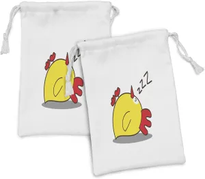 Lunarable Cartoon Fabric Pouch Set of 2, Little Chicken Fallen Asleep Fluffy Bird Character Beak Farm Life, Small Drawstring Bag for Toiletries Masks and Favors, 9" x 6", Red Yellow Grey