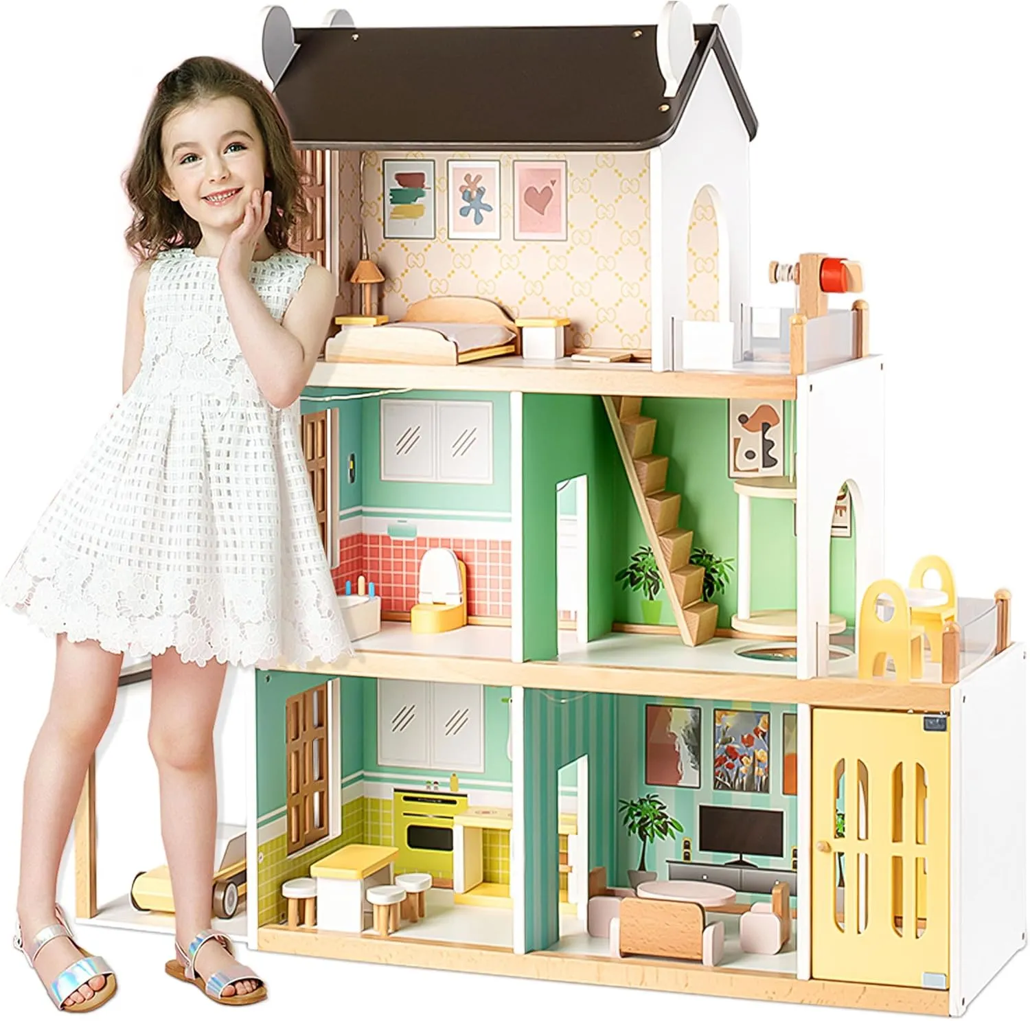 Luxury Wooden Dollhouse with Light-Designed, Modern Dollhouse with 20 Pieces of Furniture and Spiral Staircase, Ideal Gift for for Kids Ages 3 