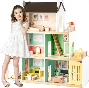 Luxury Wooden Dollhouse with Light-Designed, Modern Dollhouse with 20 Pieces of Furniture and Spiral Staircase, Ideal Gift for for Kids Ages 3 