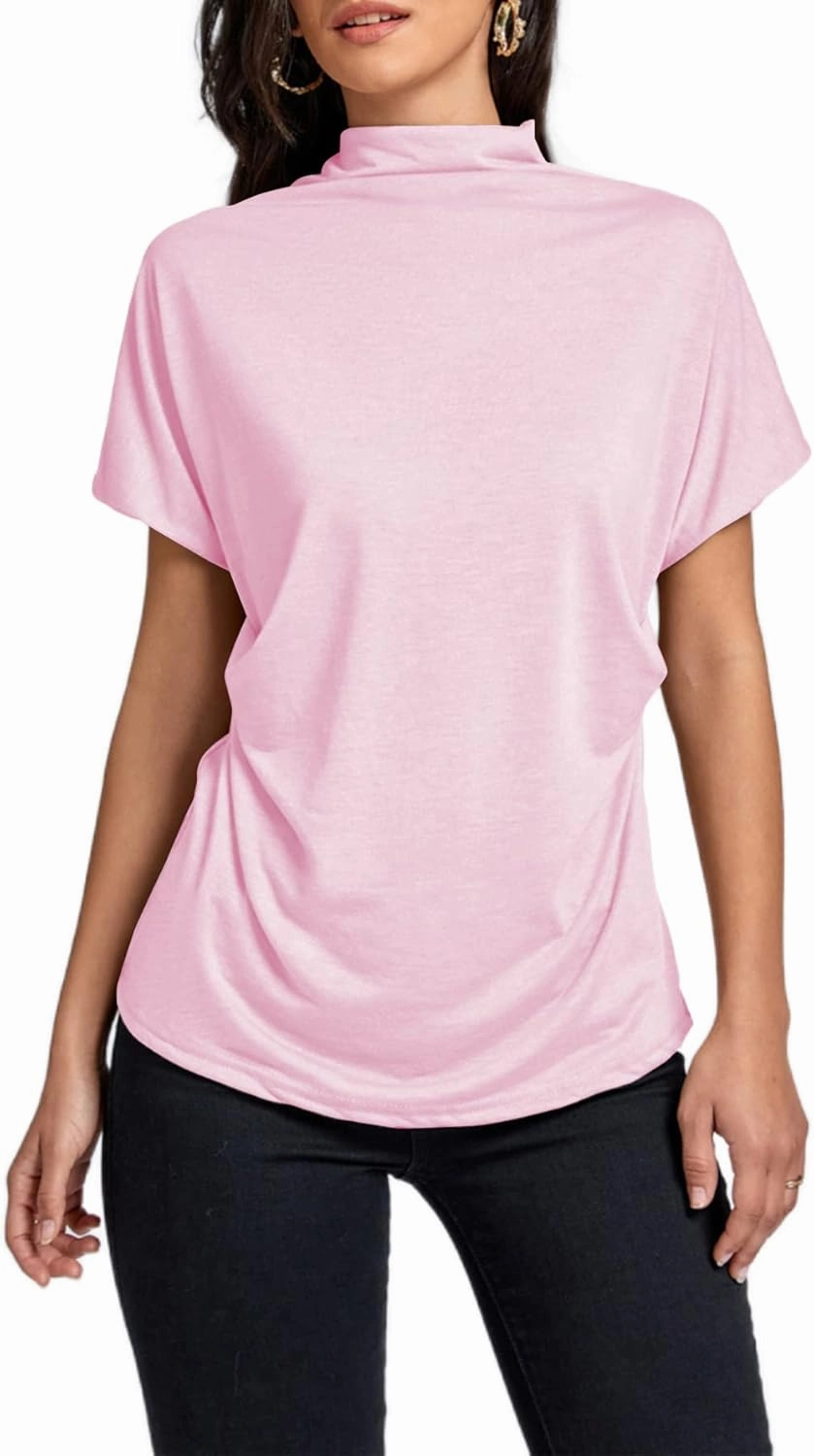 LYANER Women's Casual Mock Neck Ruffle Short Sleeve Summer Blouse Shirt Top