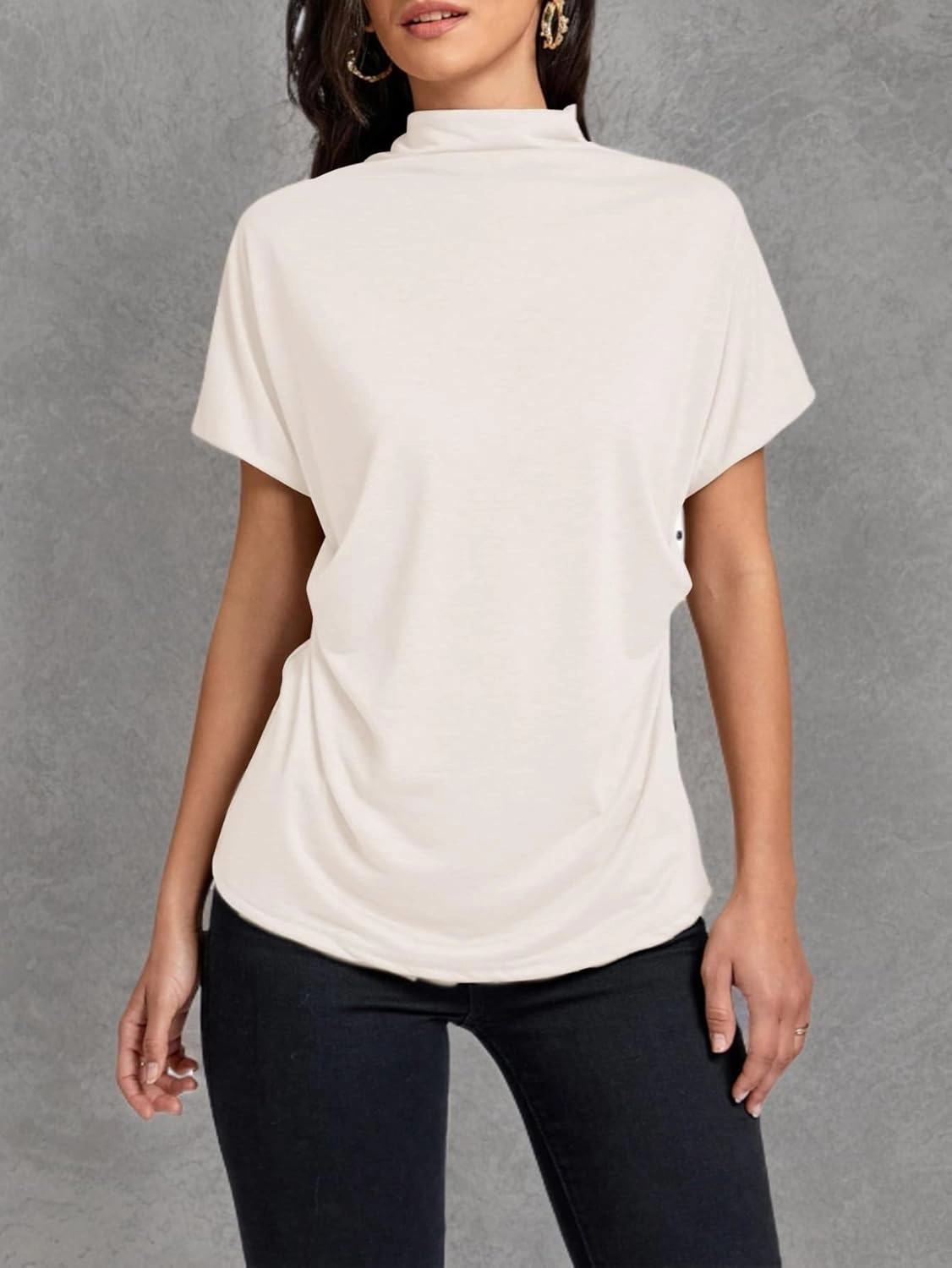 LYANER Women's Casual Mock Neck Ruffle Short Sleeve Summer Blouse Shirt Top