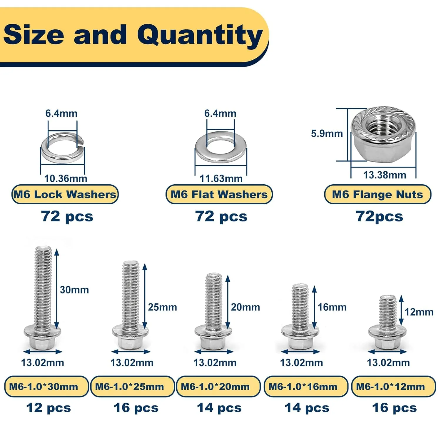 M6-1.0 Bolt x (Length 20/25/30mm) 304 Stainless Steel Flange Head Bolts Assortment Kit (288 Pack) with 6mm Bolt, Serrated Flange Nuts, Washers, Full Thread