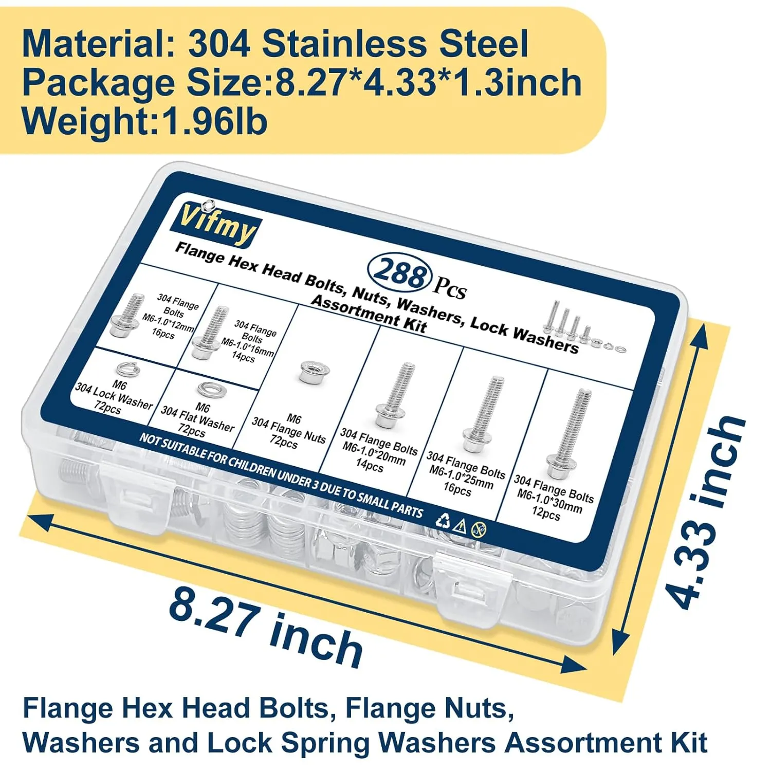 M6-1.0 Bolt x (Length 20/25/30mm) 304 Stainless Steel Flange Head Bolts Assortment Kit (288 Pack) with 6mm Bolt, Serrated Flange Nuts, Washers, Full Thread