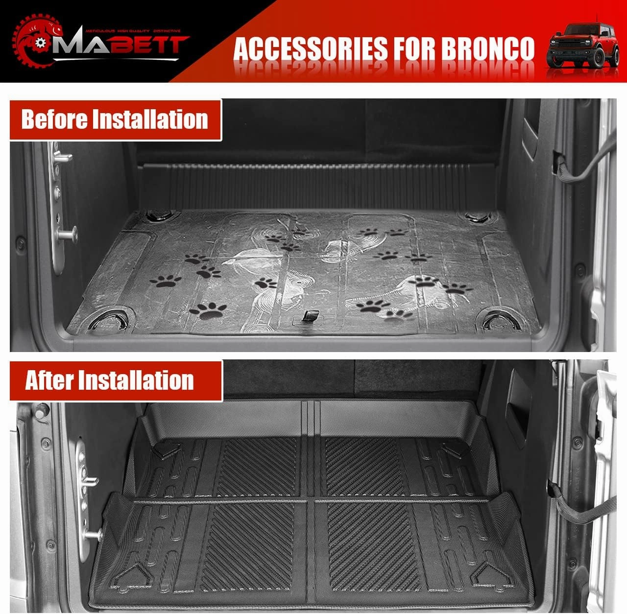 Mabett Cargo Liner Non-Slip Mat for Ford Bronco Accessories, All-Weather Protection Trunk Mat Fit Bronco 2021 2022 2023 2024 4-Door Black