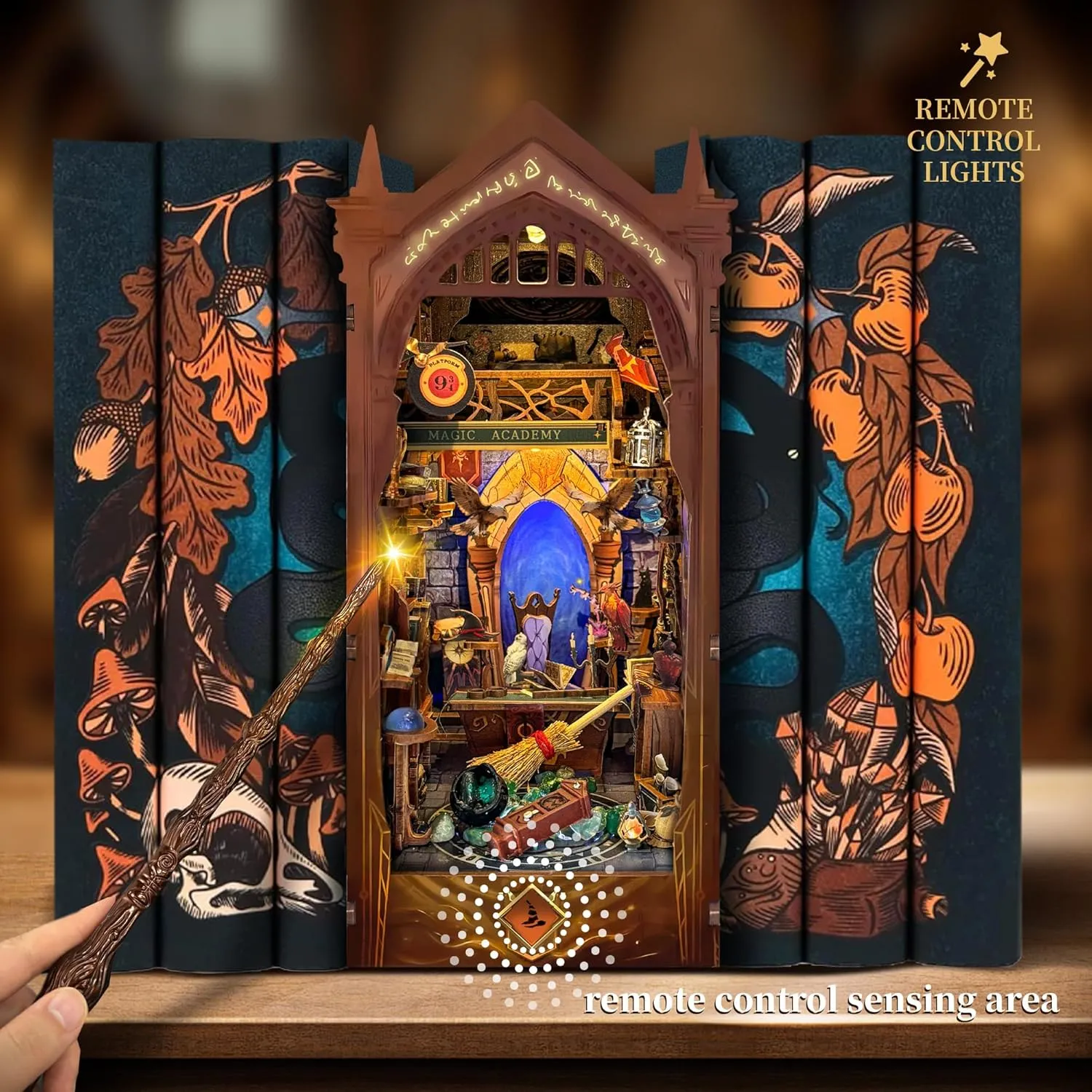 Magic Book Nook Kit with Remote Wand, 3D Wooden Puzzle, Dollhouse Miniature Booknook Kit Creative Bookend Bookshelf Decor for Adults Teens - Magic Academy(SQ-38)