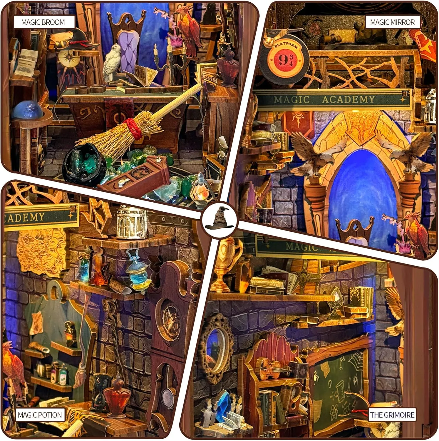 Magic Book Nook Kit with Remote Wand, 3D Wooden Puzzle, Dollhouse Miniature Booknook Kit Creative Bookend Bookshelf Decor for Adults Teens - Magic Academy(SQ-38)