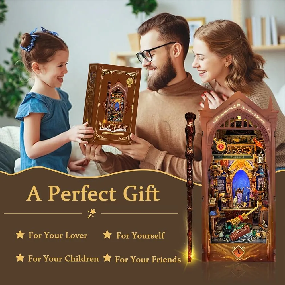 Magic Book Nook Kit with Remote Wand, 3D Wooden Puzzle, Dollhouse Miniature Booknook Kit Creative Bookend Bookshelf Decor for Adults Teens - Magic Academy(SQ-38)