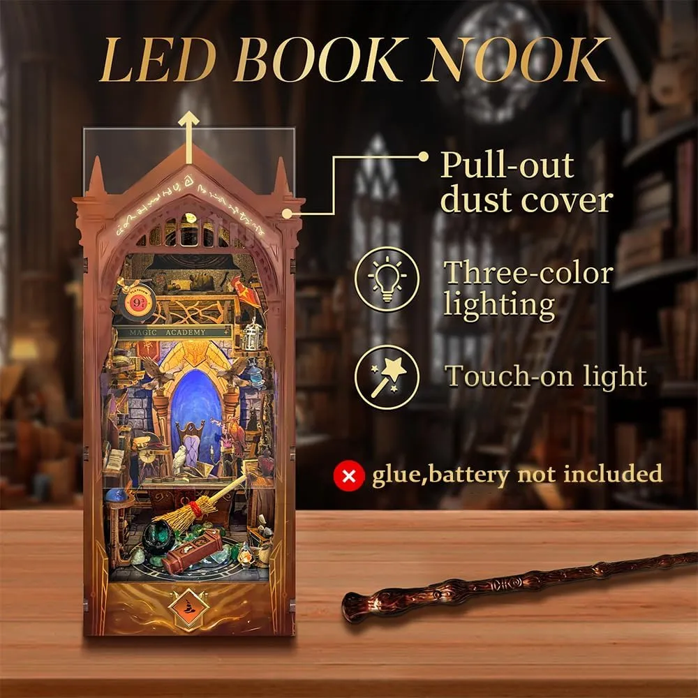 Magic Book Nook Kit with Remote Wand, 3D Wooden Puzzle, Dollhouse Miniature Booknook Kit Creative Bookend Bookshelf Decor for Adults Teens - Magic Academy(SQ-38)