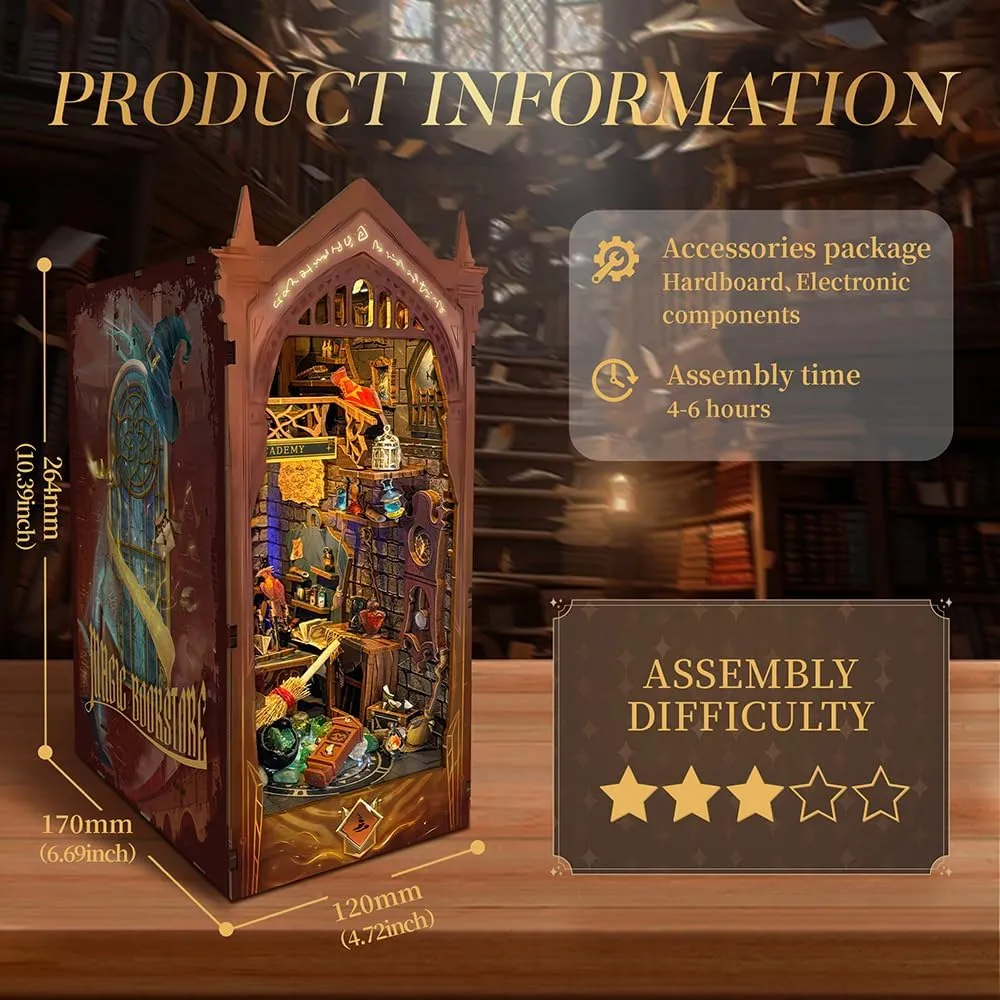 Magic Book Nook Kit with Remote Wand, 3D Wooden Puzzle, Dollhouse Miniature Booknook Kit Creative Bookend Bookshelf Decor for Adults Teens - Magic Academy(SQ-38)