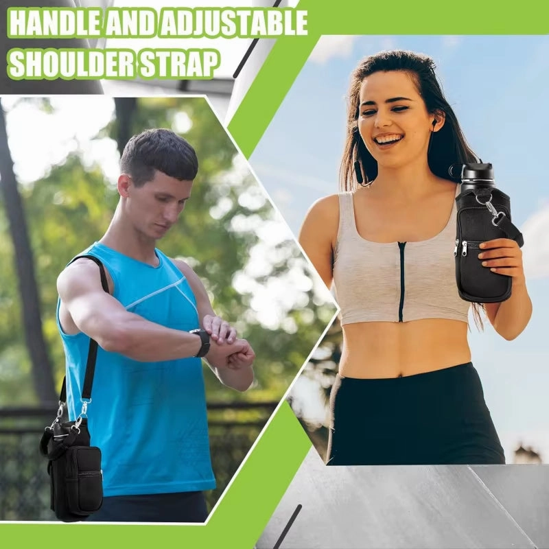 Magnetic Water Bottle Holder with Phone Pocket and Shoulder Strap - Features 6 Built-In Magnets