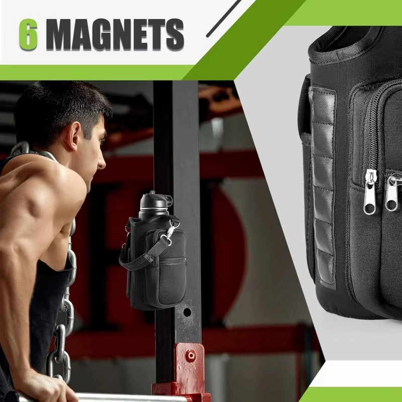 Magnetic Water Bottle Holder with Phone Pocket and Shoulder Strap - Features 6 Built-In Magnets