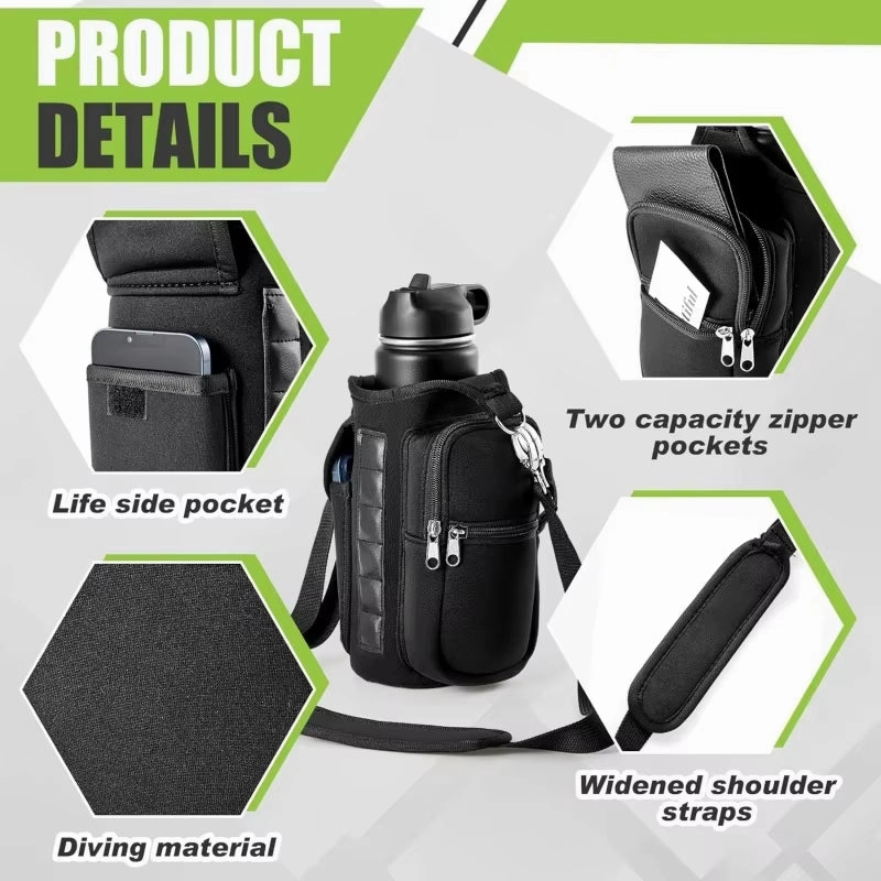 Magnetic Water Bottle Holder with Phone Pocket and Shoulder Strap - Features 6 Built-In Magnets