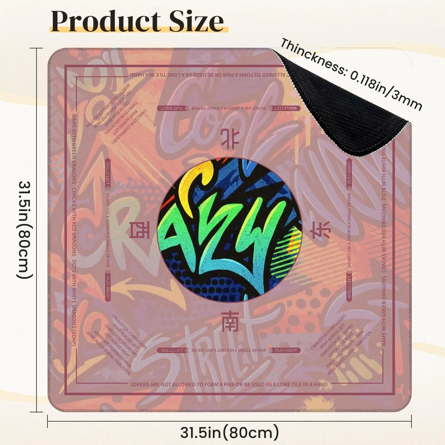 Mahjong Mat for Table Abstract bright graffiti bricks paint drips words graffiti style 31.5" x 31.5" Non-Slip Noise-Reducing Game Mat Premium Mahjong Accessories for Poker Dominoes Board Games