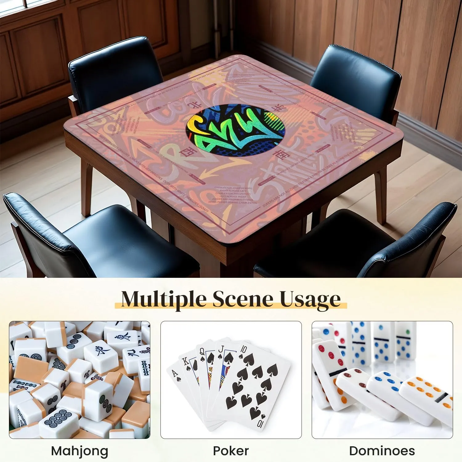 Mahjong Mat for Table Abstract bright graffiti bricks paint drips words graffiti style 31.5" x 31.5" Non-Slip Noise-Reducing Game Mat Premium Mahjong Accessories for Poker Dominoes Board Games