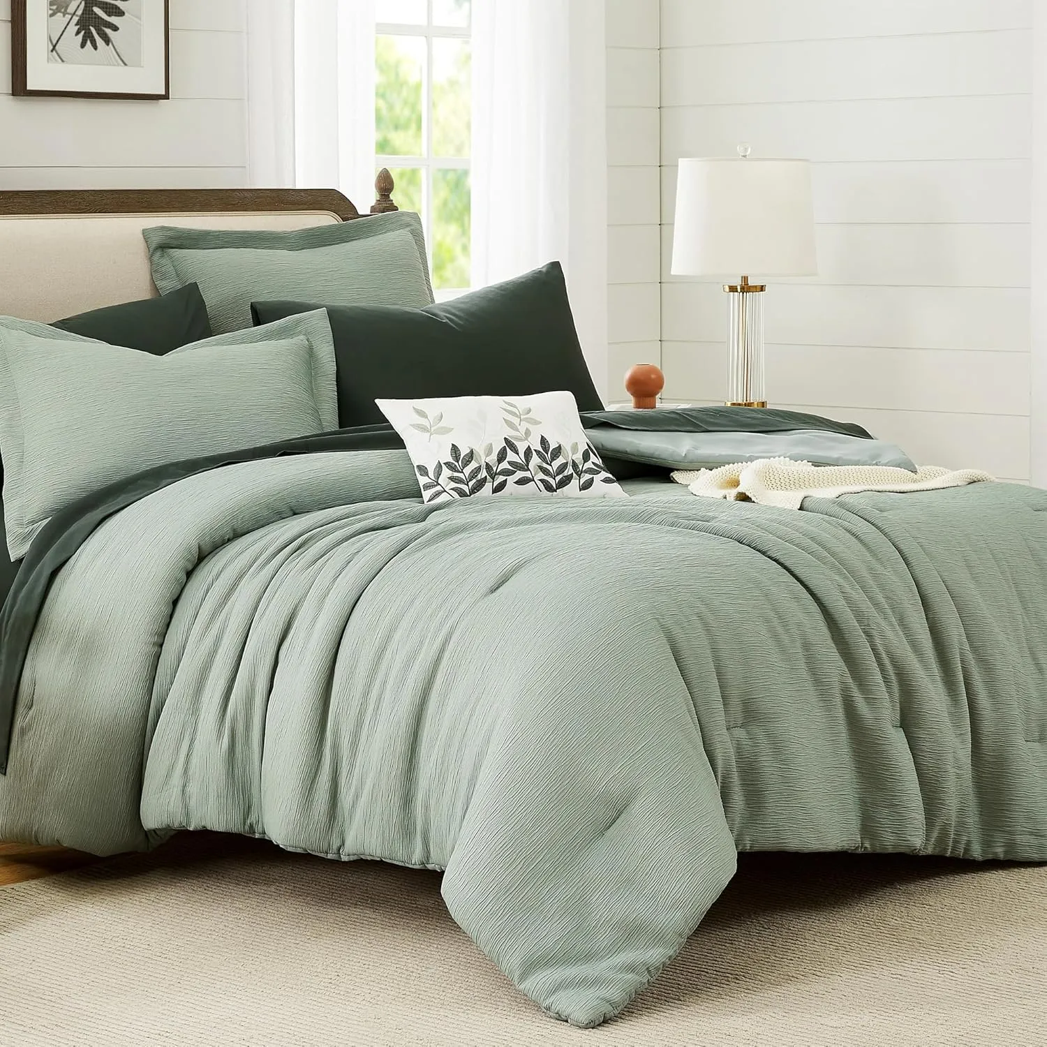 Maireve Sage Green Comforter, California King Comforter Set Textured Design, All Season 7 Pieces Oversized King Comforter with Sheets, Pillowcases & Shams 108"x92"