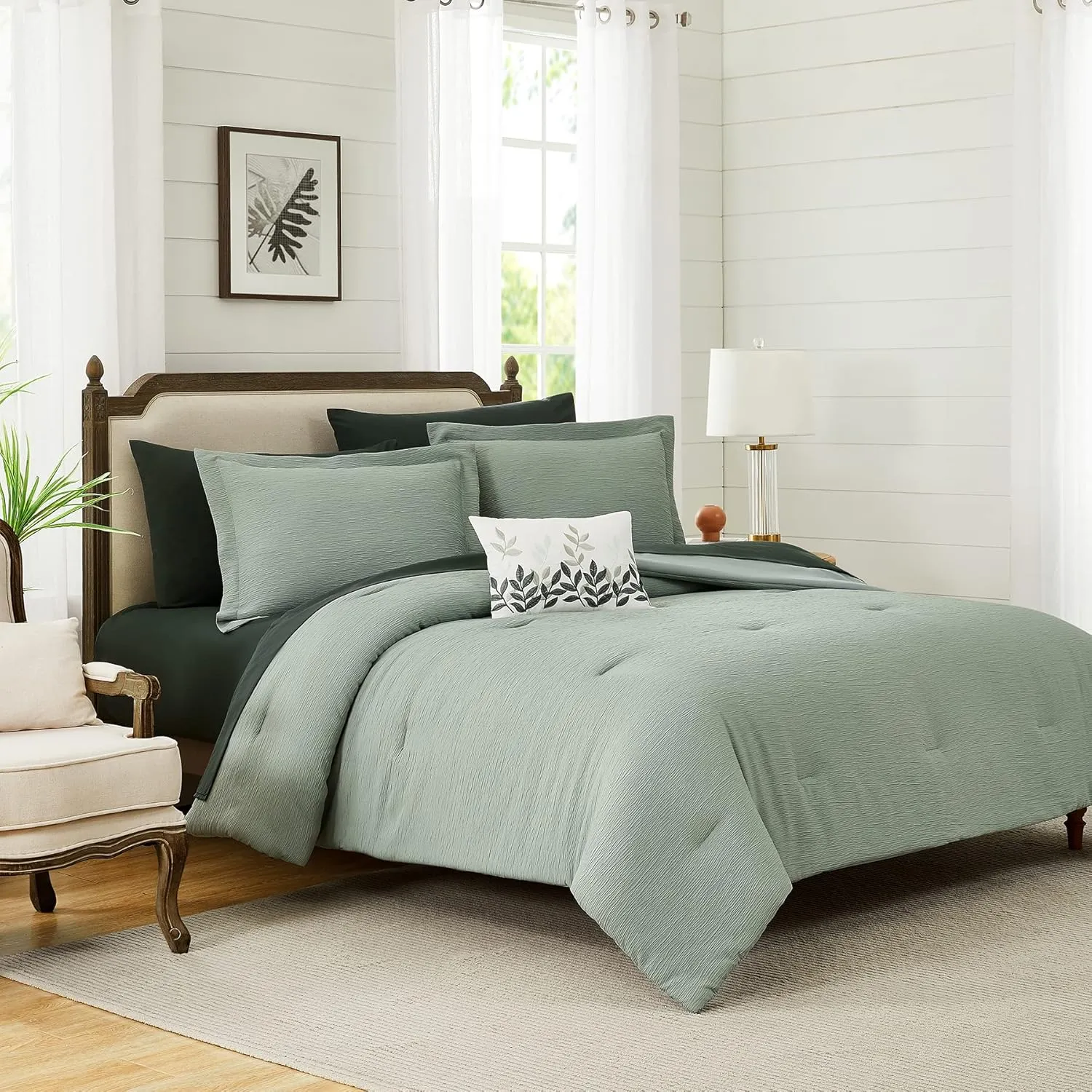 Maireve Sage Green Comforter, California King Comforter Set Textured Design, All Season 7 Pieces Oversized King Comforter with Sheets, Pillowcases & Shams 108"x92"