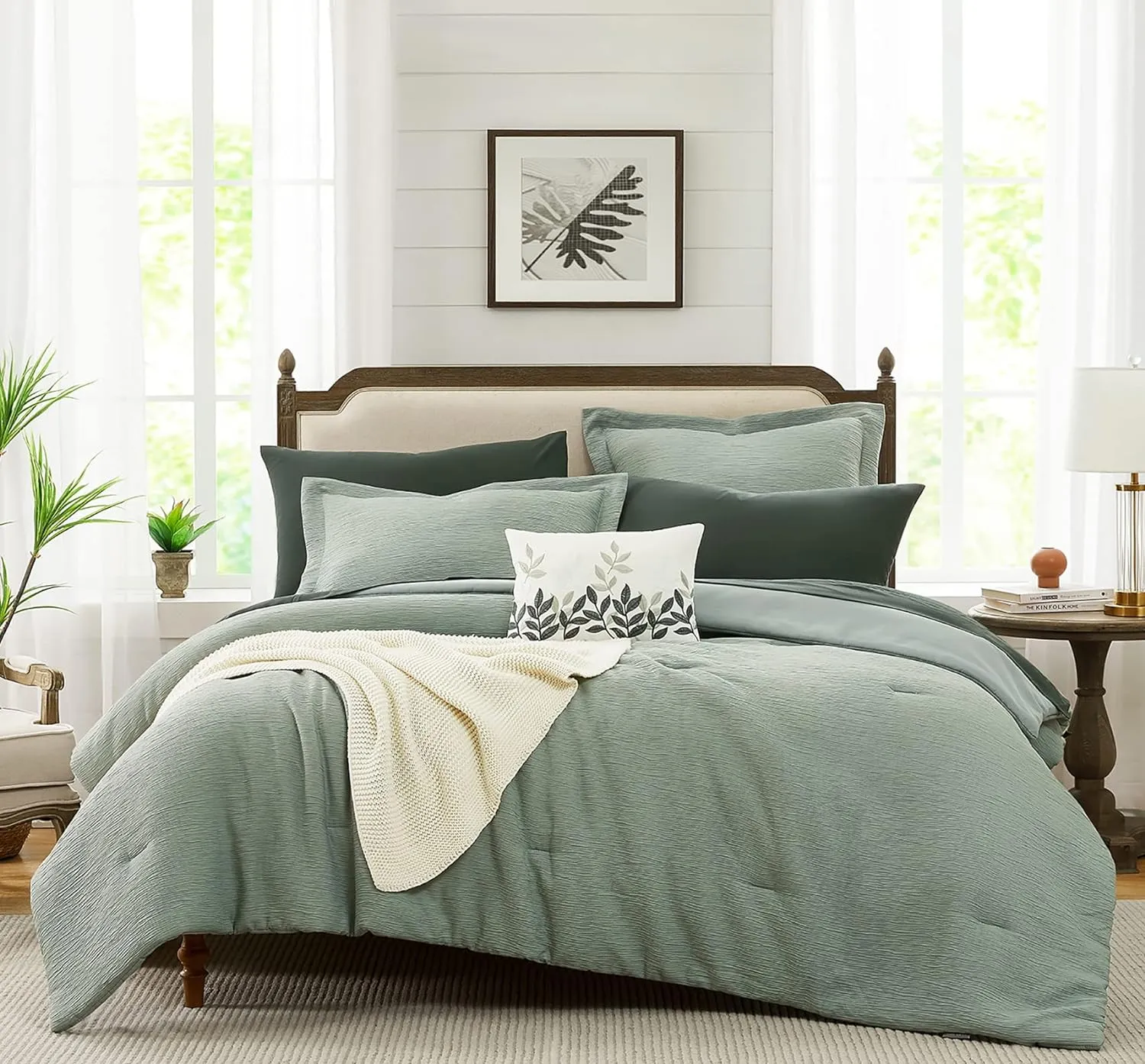 Maireve Sage Green Comforter, California King Comforter Set Textured Design, All Season 7 Pieces Oversized King Comforter with Sheets, Pillowcases & Shams 108"x92"