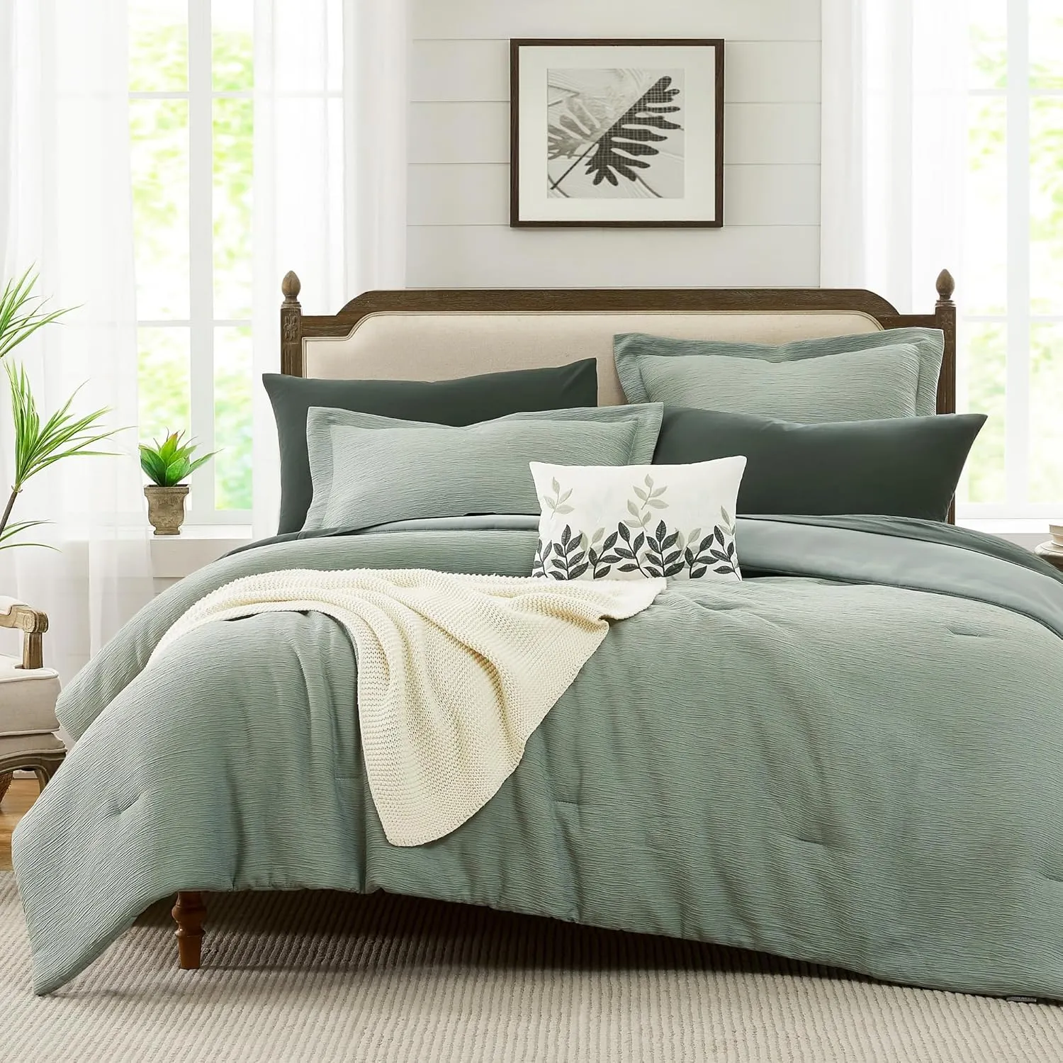 Maireve Sage Green Comforter, California King Comforter Set Textured Design, All Season 7 Pieces Oversized King Comforter with Sheets, Pillowcases & Shams 108"x92"