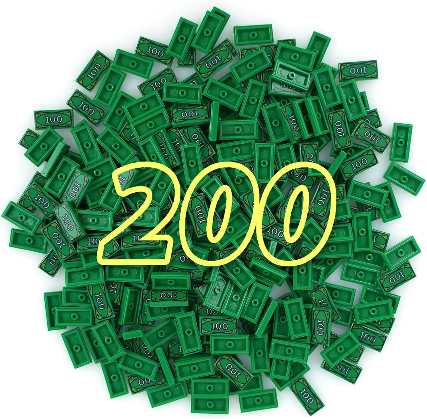 MALEKO Money Tiles Bank Bill Accessories, 200 Pieces 100-Dollar Green 1x2 Tiles, Bulk Building Toy Parts, Compatible with All Major Brands