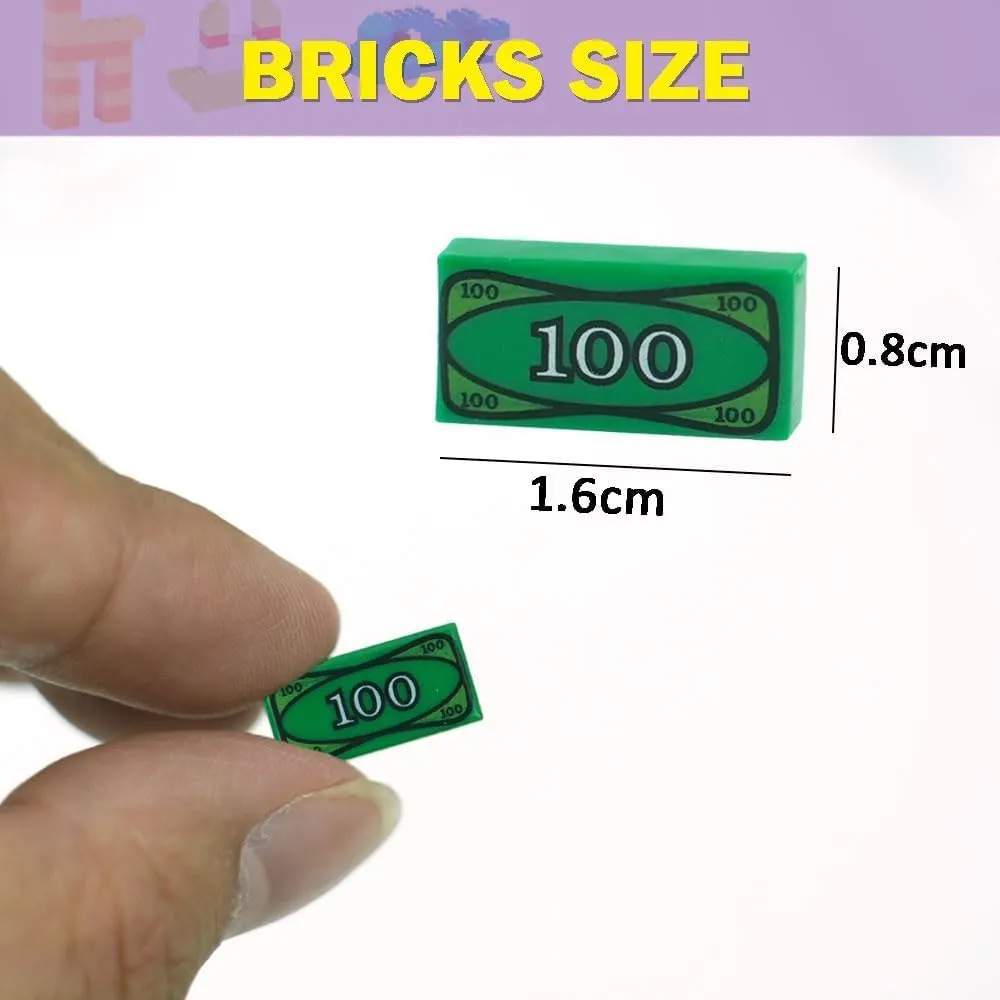 MALEKO Money Tiles Bank Bill Accessories, 200 Pieces 100-Dollar Green 1x2 Tiles, Bulk Building Toy Parts, Compatible with All Major Brands