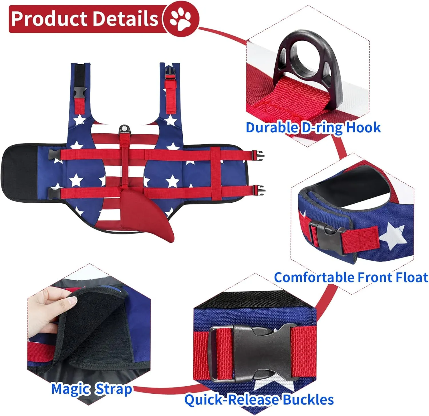 Malier Dog Life Jacket, Ripstop American Flag Dog Life Vest for Swimming Boating, Shark Puppy Lifesaver with High Buoyancy Swimsuit for Small Medium and Large Dogs (Small)