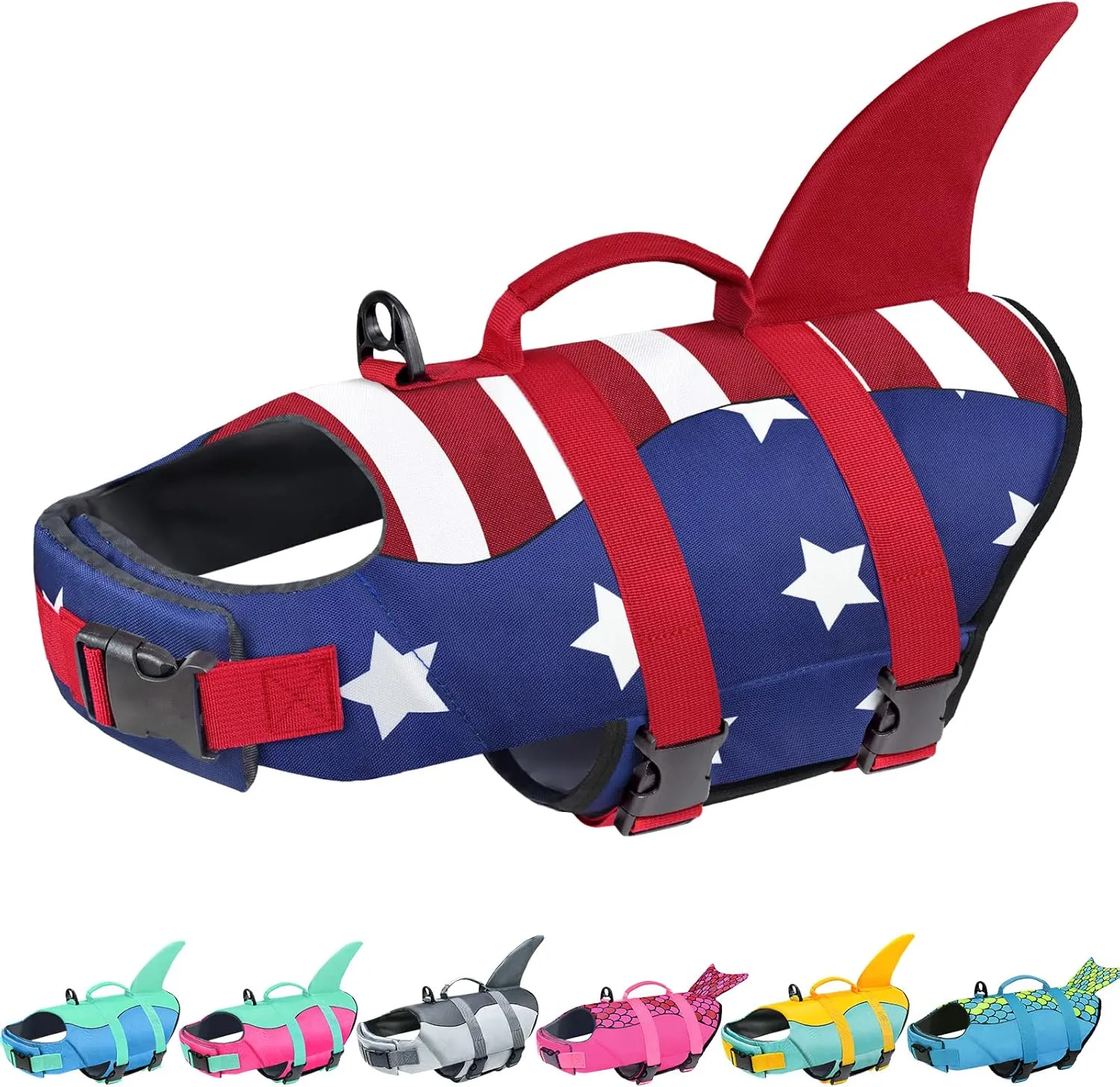 Malier Dog Life Jacket, Ripstop American Flag Dog Life Vest for Swimming Boating, Shark Puppy Lifesaver with High Buoyancy Swimsuit for Small Medium and Large Dogs (Small)