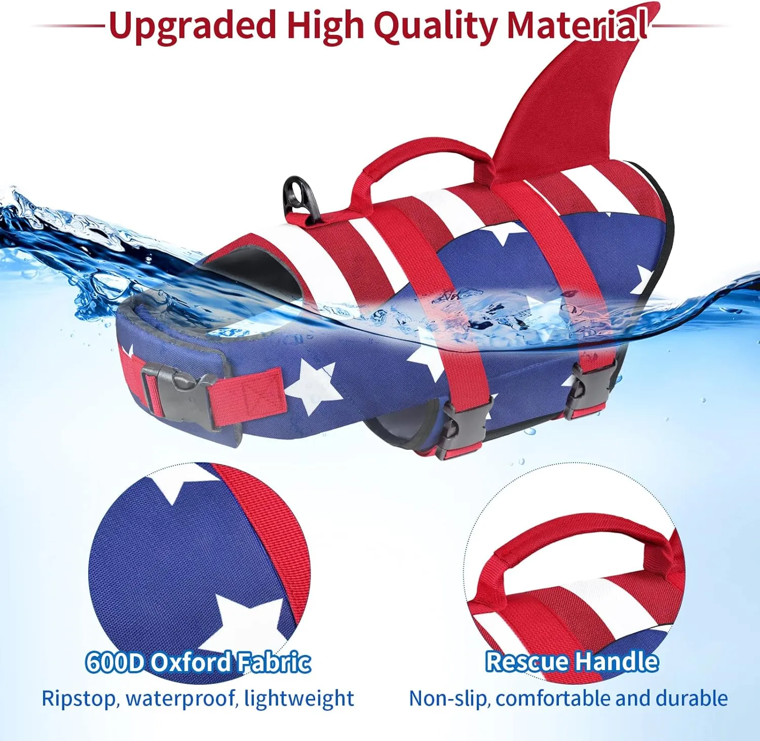 Malier Dog Life Jacket, Ripstop American Flag Dog Life Vest for Swimming Boating, Shark Puppy Lifesaver with High Buoyancy Swimsuit for Small Medium and Large Dogs (Small)