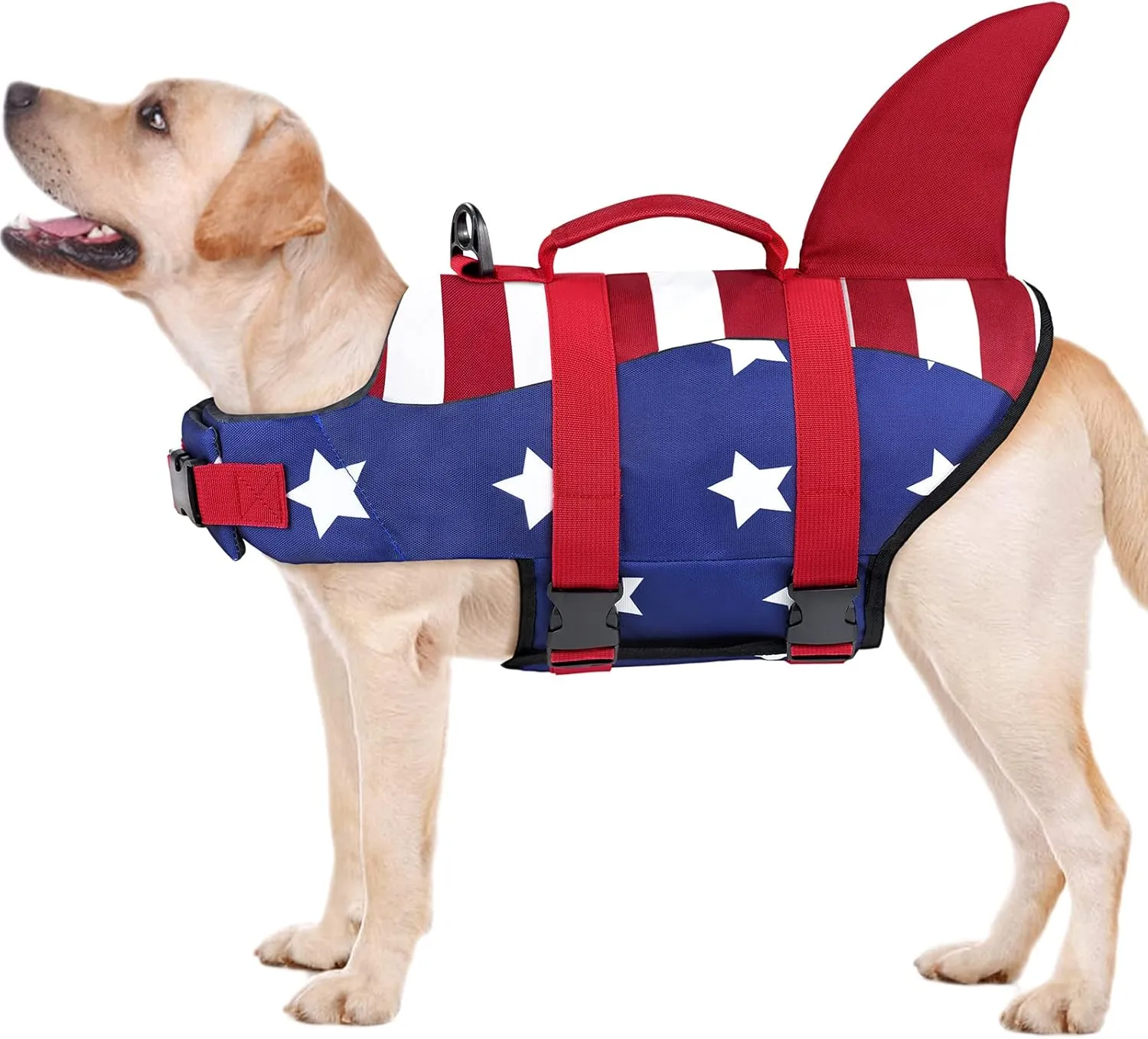 Malier Dog Life Jacket, Ripstop American Flag Dog Life Vest for Swimming Boating, Shark Puppy Lifesaver with High Buoyancy Swimsuit for Small Medium and Large Dogs (Small)