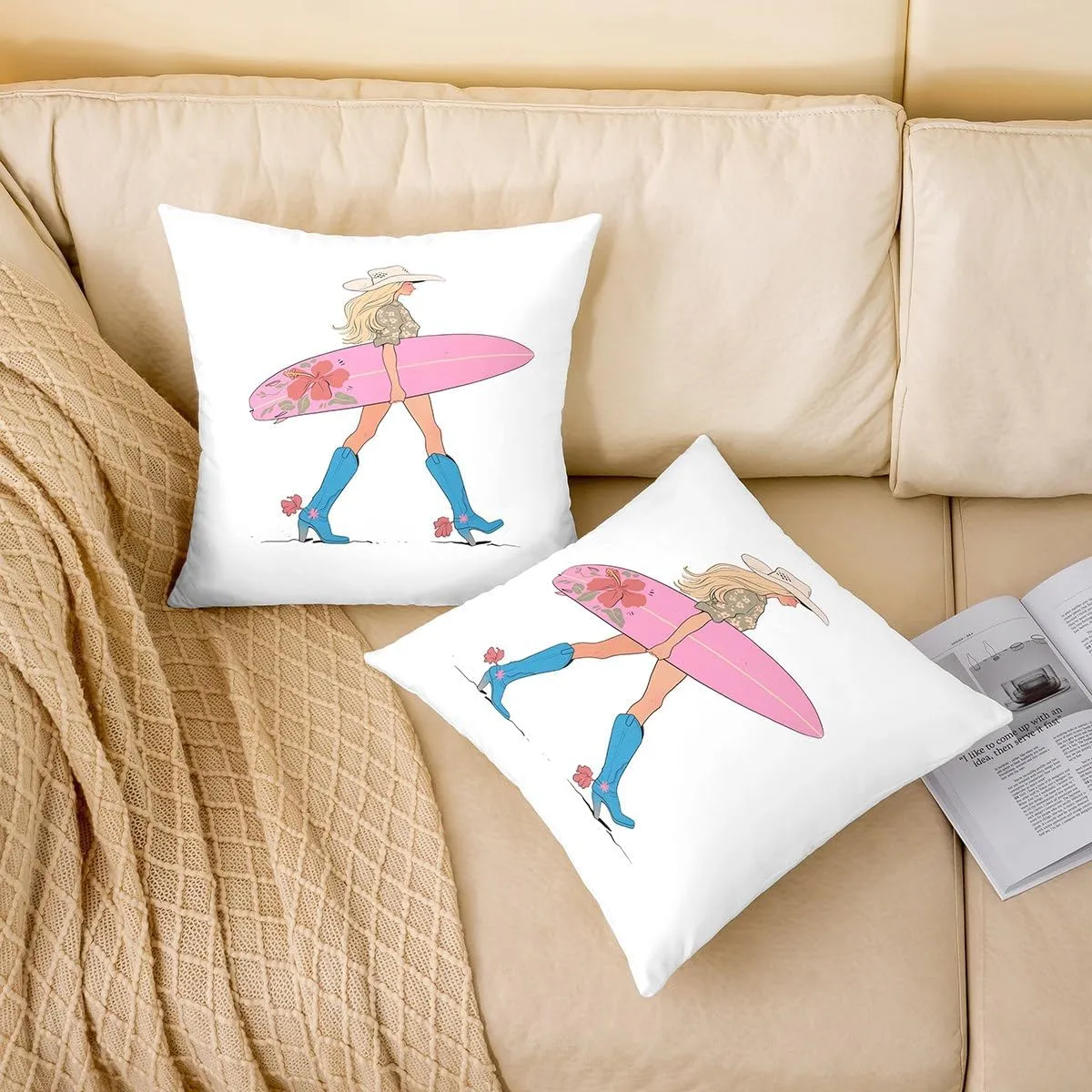 Manfei Western Cowgirl Throw Pillow Cover,Cowgirl Boots Surfboard Summer Beach Double Sides Pillow Case,Flowers Rustic Lake House Cabin Pink Chic Bed Couch Sofa Cushion Cover,4 Pack 40"x40"
